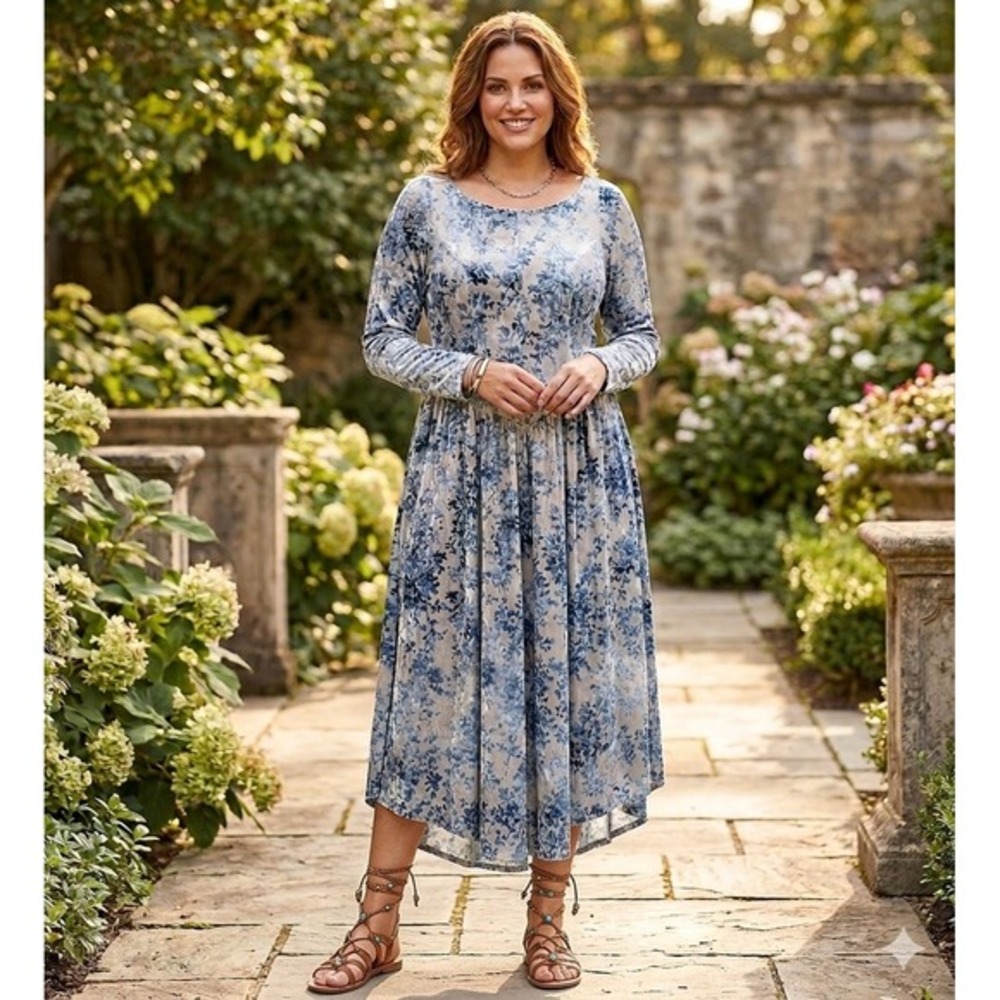 Thirty‎ Thirty LA Floral Burnout Velvet Midi Dress Womens XL Blue Long Sleeve